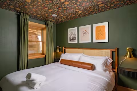 Green themed bedroom with floral ceiling details